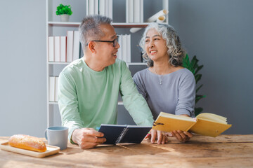Elderly couple asian people grandfather and grandmother living together in retirement Concept of elderly health and health insurance.