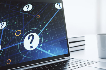 Creative concept of question mark illustration on modern laptop screen. FAQ and search concept. 3D...
