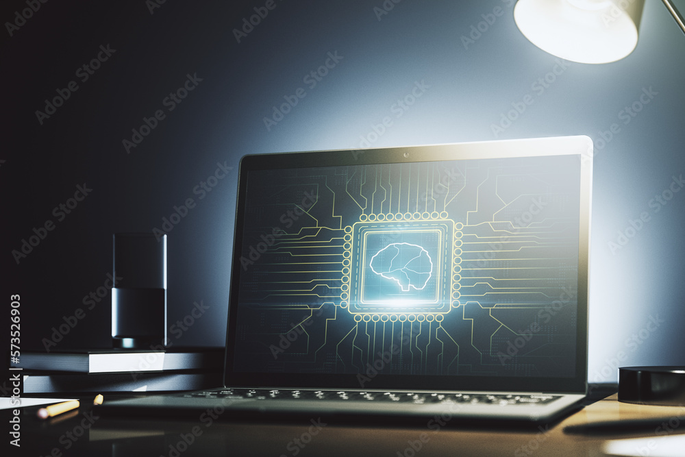 Leinwandbilder modern computer display with creative human brain microcircuit. future technology and ai concept. 3d