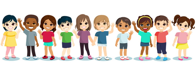 Vector illustration of happy smiling children boys and girls waving hands set isolated on white background. Multiethnic little children