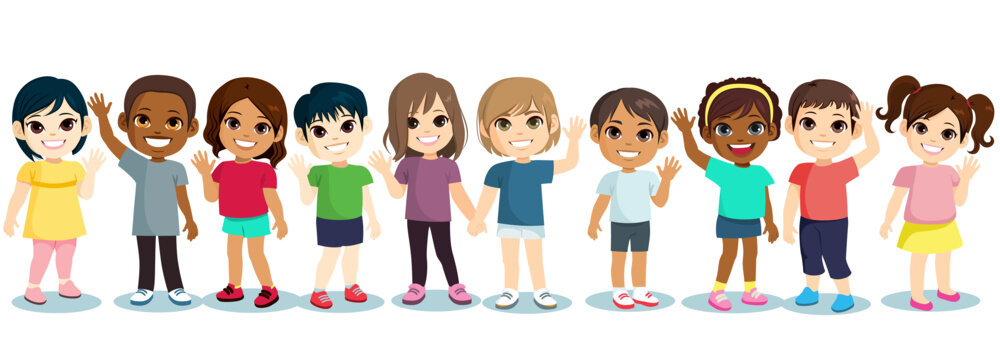 Vector illustration of happy smiling children boys and girls waving hands set isolated on white background. Multiethnic little children