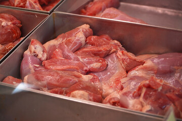 pork loin in a butcher shop. detail. lean meat.