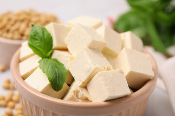 Delicious tofu cheese in bowl, closeup view