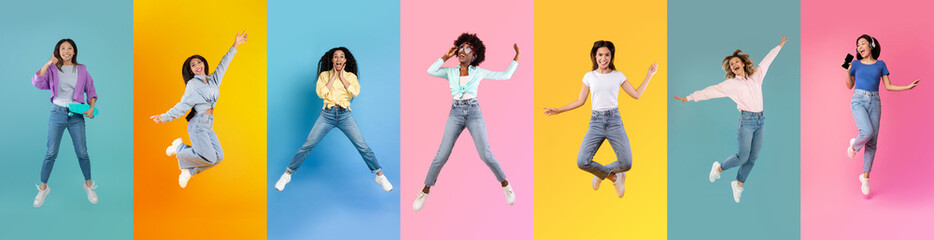Overjoyed Multiethnic Ladies Jumping In Air Over Bright Studio Backgrounds
