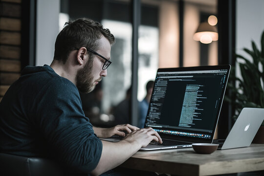 Web and software programmer working with his computer. Web designer. Generate by AI