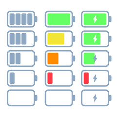 A set of horizontal vector battery icons. Battery level, different colors, charging process. Battery icon for ui, mobile devices. Different variants of icons. Simple minimalistic rounded icons.
