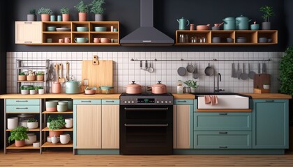 Modern kitchen with kitchen utensils and pots, generative ai