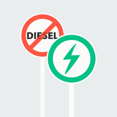 Road sign prohibiting diesel vehicles. Red crossed out circle. Road sign giving priority to electric vehicles in a green circle.