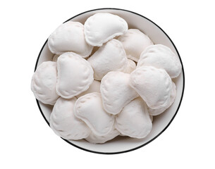 Raw dumplings (varenyky) on white background, top view