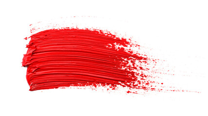 Red oil paint stroke on white background, top view