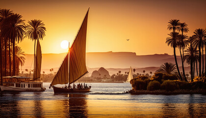 Felucca ship cruise adventure down the Nile river, taking in all the sights and sounds of Egypt. From the bustling markets of Cairo to the inspiring temples of Luxor. AI generative - obrazy, fototapety, plakaty