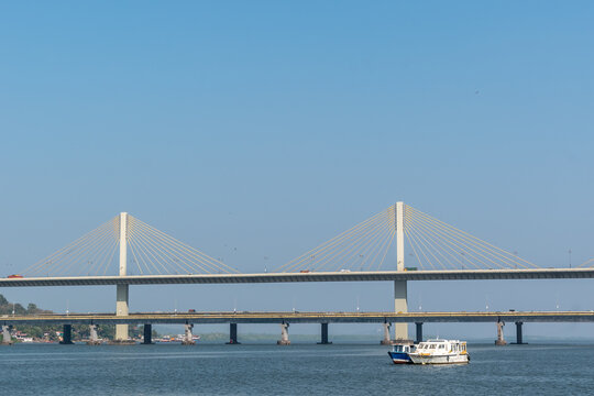 The cable stayed Atal Setu bridge across the Mandovi river in the city of Panaji.