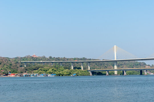 A view of the cable stayed Atal Setu bridge above the Mandovi river between Panaji and Betim.
