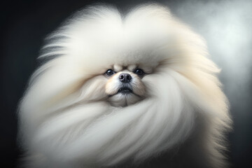 Portrait of a very beautiful Pomeranian dog spitz with a lush hairstyle and crown. AI generative