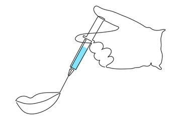 Beauty shot in lips, gloved hands holding syringe,one line art,continuous drawing contour.Treatment making mouth plump.Medical concept,injection botox dose.Editable stroke.Vector illustration