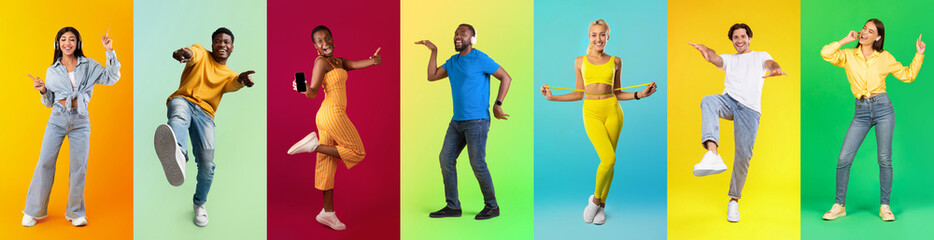 Group of happy carefree multiethnic people posing on colorful studio backgrounds