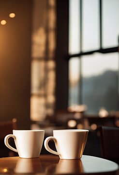 Closeup image of clinking white coffee mugs in cafe. Generative AI