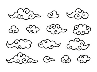 Chinese clouds set in doodle cartoon style. Black and white vector illustration hand drawn isolated on white background. Collection of cute clouds in Asian style