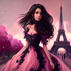Fototapeta premium Elegant Woman wear Pink Dress in Paris