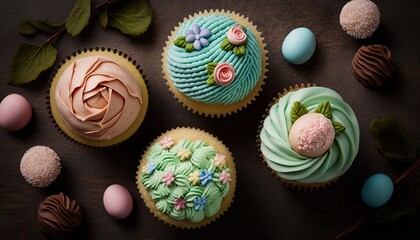 cupcakes with frosting and easter decorations, easter eggs, closeup, top view, generative AI