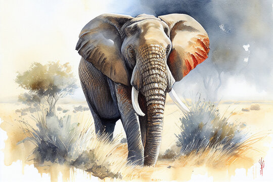 African male elephant watercolor style painting