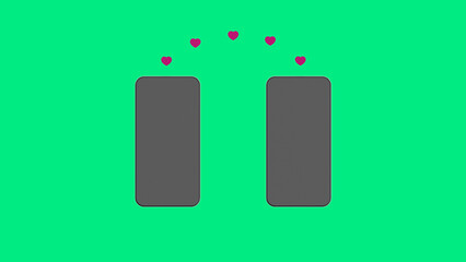 Sharing likes between friends. Two smartphones on a green background. Hearts are transferred from one gadget to another. Communication in social networks. Horizontal image. 3d image. 3d rendering