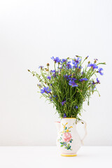 Beautiful summer Centaurea triumfettii flowers in a vase, part of home interior