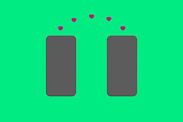 Sharing likes between friends. Two smartphones on a green background. Hearts are transferred from one gadget to another. Communication in social networks. Horizontal image. 3d image. 3d rendering