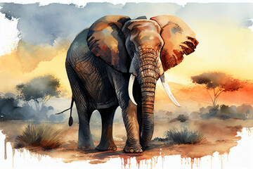 Naklejka na ściany i meble African male elephant watercolor style painting created with generative AI