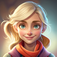 Cartoon Close up Portrait of Smiling Blonde Gorgeous Young Woman with a Scarf on a Colored Background. Illustration Avatar for ui ux. - Post-processed Generative AI