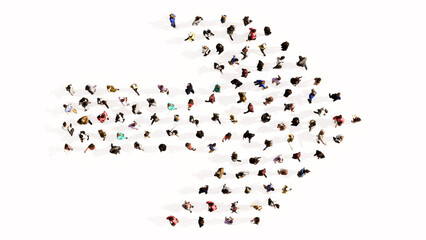 Concept conceptual large community of people forming the road sign. 3d illustration metaphor for navigation, strategy, journey, guidance, choice and decision