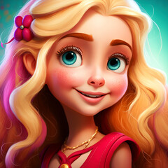Obraz premium Cartoon Close up Portrait of Smiling Blonde Gorgeous Girl with Long Hair on a Colored Background. Illustration Avatar for ui ux. - Post-processed Generative AI