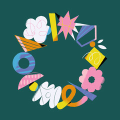 Obraz premium Abstract and colorful artistic composition with vibrant, geometric, and organic forms. Joyful vector illustration. Cartoon style. Playful use of grains and textures. Doodle art. Doodling. Graffiti.