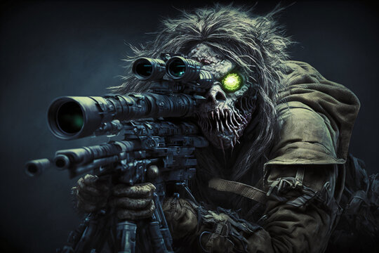 aiming zombie with a gun with scope, generative ai