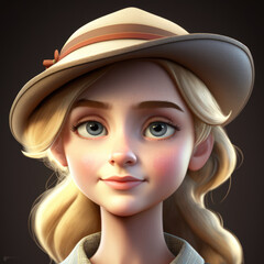 Cartoon Close up Portrait of Smiling Blonde Independent Teenager Girl with a Hat on a Colored Background. Illustration Avatar for ui ux. - Post-processed Generative AI