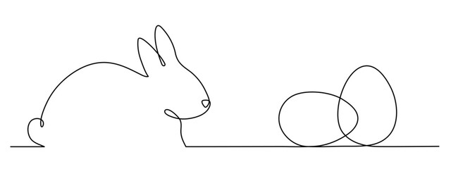 Easter bunny and eggs one line art, hand drawn paschal rabbit continuous contour.Christian holiday design, festive decoration. Editable stroke. Isolated. Vector illustration