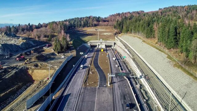 Newly opened tunnel on Zakopianka highway in Poland in November 2022. The tunnel is 2 over km long and makes travel from Krakow to Zakopane, Podhale region and Slovakia much faster