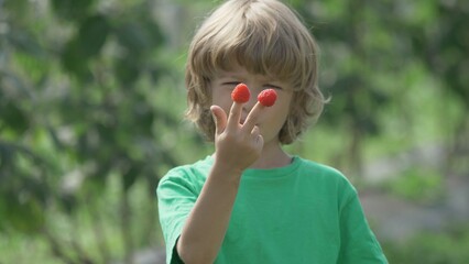 Portrait of blonde hair child  enjoying  two raspberries on his fingers