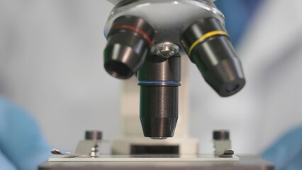 Hand fixing the stage clip then adjust focus on microscope