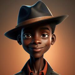 Cartoon Close up Portrait of Smiling Black Graceful Teenager Boy with a fedora hat on a Colored Background. Illustration Avatar for ui ux. - Post-processed Generative AI - obrazy, fototapety, plakaty