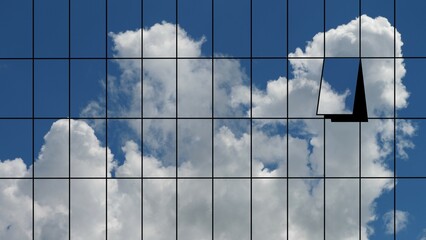 White fluffy clouds on blue sky mirrored in glass building facade