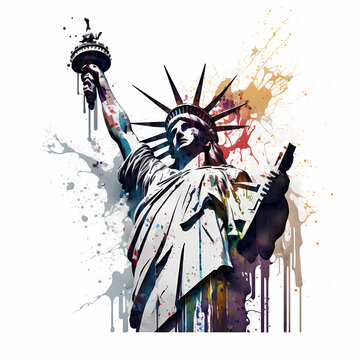 Oil Painting Splatter Liberty Statue Isolated White Illustration