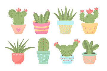 Cute cactuses in pot set. Trendy pastel colors. Exotic and tropical domestic plants.