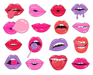 Set of glossy female lips. Pop Art stickers, fashion patches in retro style. Sexy women lips expressing different emotions. - obrazy, fototapety, plakaty