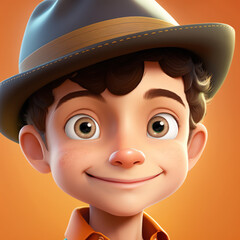 Cartoon Close up Portrait of Smiling Brunette Elegant Boy with a Hat on a Colored Background. Illustration Avatar for ui ux. - Post-processed Generative AI