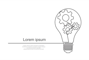 Continuous one single line drawing innovation Light bulb and gears inside icon vector illustration concept