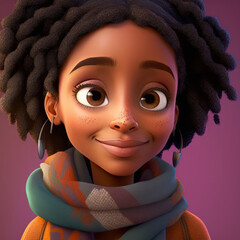 Cartoon Close up Portrait of Smiling Biracial Empathetic Woman with a Scarf on a Colored Background. Illustration Avatar for ui ux. - Post-processed Generative AI