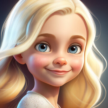 Cartoon Close up Portrait of Smiling Blonde Lively Girl with Long Hair on a Colored Background. Illustration Avatar for ui ux. - Post-processed Generative AI