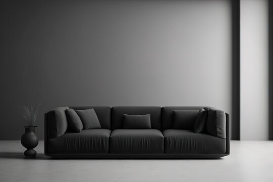Modern living room mockup, black minimal sofa on empty wall background