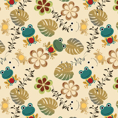 Seamless pattern of reseda green,myrtle green ,fire brick color frog, lion, citron color flowers, lion color split leaves and bistre,dim gray color veins on dutch white  background. frog  pattern.
